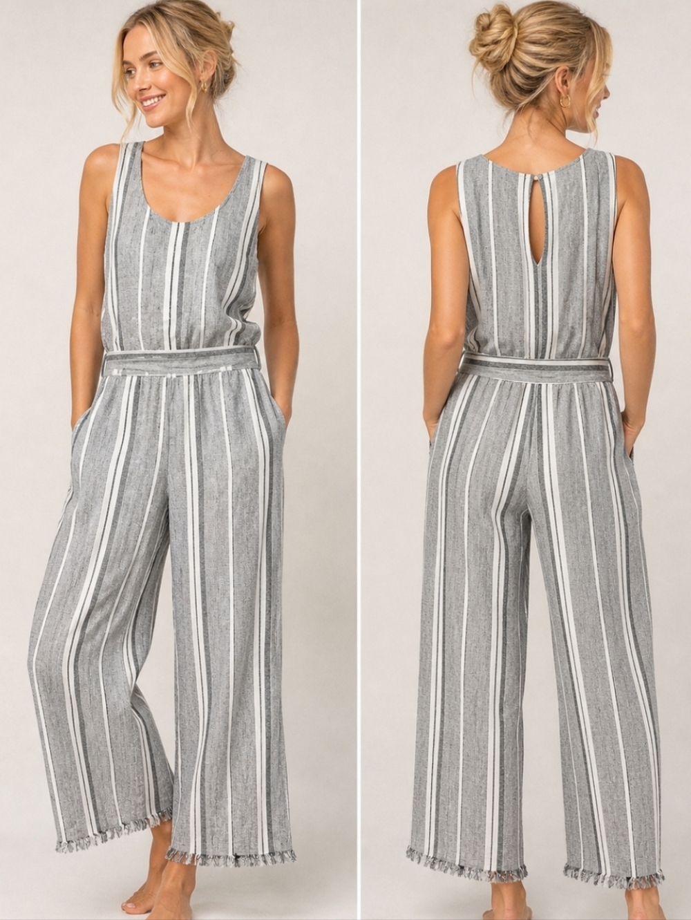 Cloth & Stone Linen Stripe Jumpsuit Wide Leg Keyhole Back Summer Resort Size L